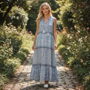 Cleobella Maddelyn Ankle Dress Hydrangea Mix Print Blue and White Maxi Dress XL